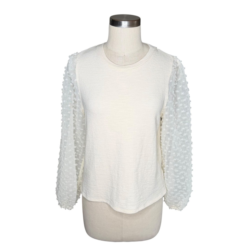 MAEVE Cream Blouse Ivory Textured Swiss Dot Long Sleeve Women's Size Small Anthr